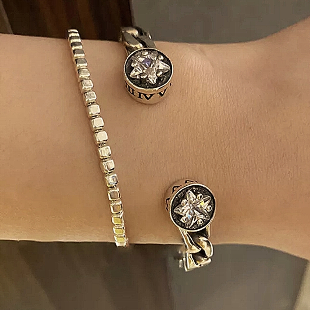 Sterling Silver Vintage Star Bangle Cuff Bracelet - Picture 10 of 11
